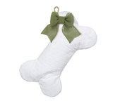 White Diamond Quilted Dog Bone Stocking with Green Burlap Bow