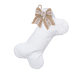 White Diamond Quilted Dog Bone Stocking with Center Lace Burlap Bow