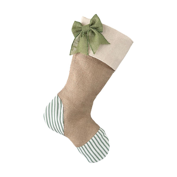 Christmas Stocking with Burlap and Green Ticking Accents - Green Burlap