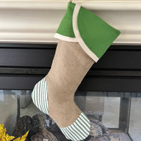 Green Ticking and Burlap Christmas Stocking -