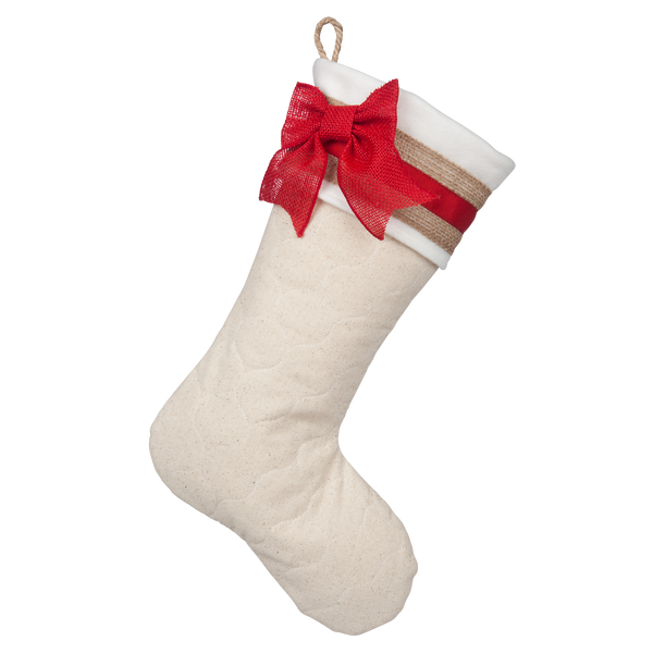 Quilted Stocking with Red Ribbon Stripe and Red Burlap Bow - Style D