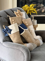 Christmas Stockings with Burlap and Blue Ticking Accents