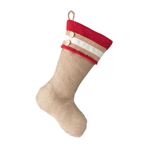 Burlap Christmas Stocking with Red Accents - Style E