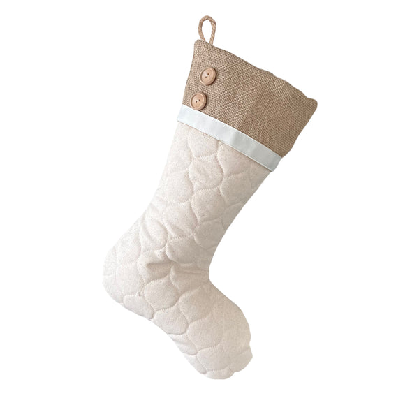 Classic Quilted Stocking - Burlap Cuff with Two Wood Buttons and Ivory Ribbon Trim