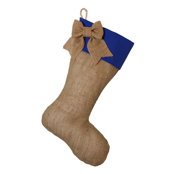 Burlap Christmas Stocking with Blue Cuff Accents- Style A