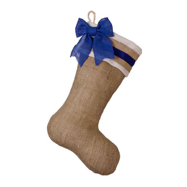 Burlap Christmas Stocking with Blue Cuff Accents- Style B