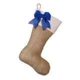 Burlap Christmas Stocking with Blue Cuff Accents- Style D