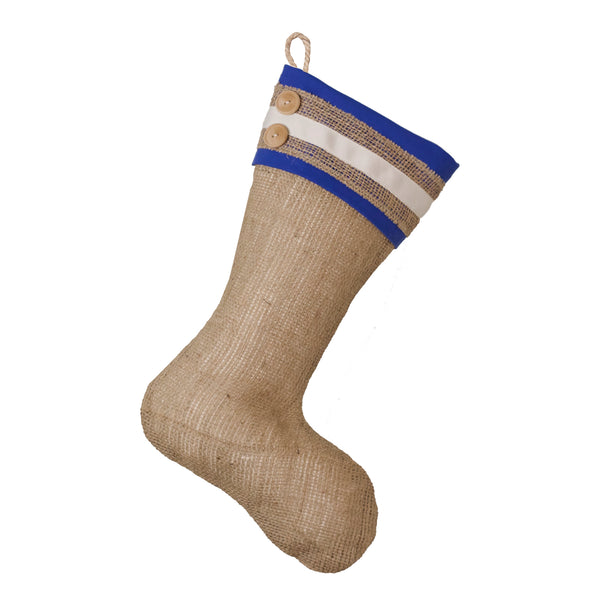 Burlap Christmas Stocking with Blue Cuff Accents- Style E