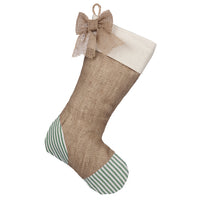 Christmas Stocking with Burlap and Green Ticking Accents - Natural Burlap