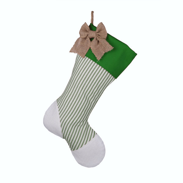 Christmas Stocking with Burlap and Green Ticking Accents