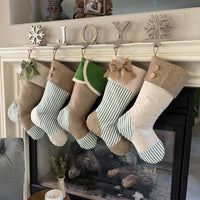Green Christmas Stockings - Christmas Stockings with Burlap & Green Stripe Accents - Cottage Christmas - Set of 5