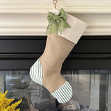 Christmas Stocking with Burlap and Green Ticking Accents - Green Burlap