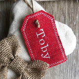 Mini Red Burlap Embroidered Stocking Tag