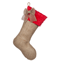 Burlap Stocking with Red MInky Cuff and Burlap Bow