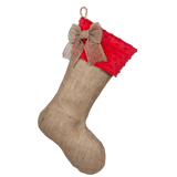 Burlap Stocking with Red MInky Cuff and Burlap Bow