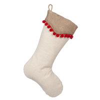Light Beige Boot with Natural Burlap Point Cuff and Red Pompom Trim