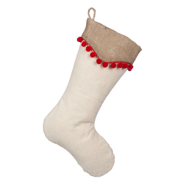 Light Beige Boot with Natural Burlap Point Cuff and Red Pompom Trim