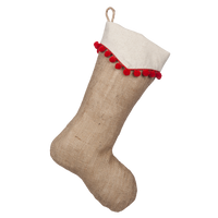 Natural Burlap Boot with Light Beige Cotton Point Cuff and Red Pompom Trim