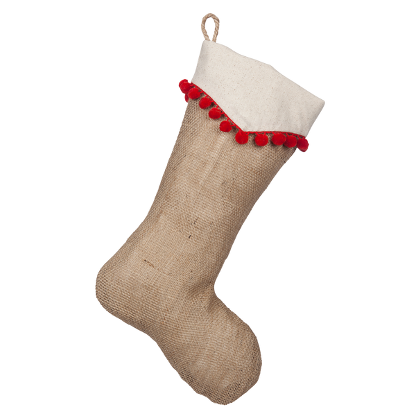 Natural Burlap Boot with Light Beige Cotton Point Cuff and Red Pompom Trim
