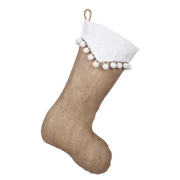 Natural Burlap Boot with Point Cuff and White Pompom Trim