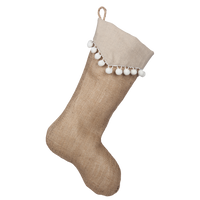 Natural Burlap Boot with Taupe Point Cuff and White Pompom Trim