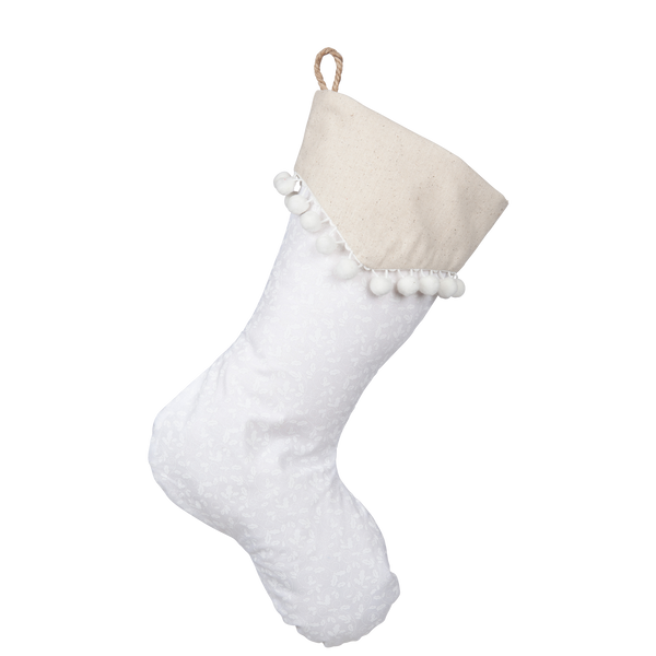 White Holly Stocking with Pennant Cuff and White Pompom Trim