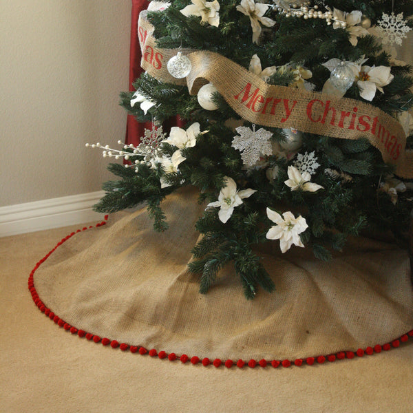36" Inch Burlap Christmas Tree Skirt with Pom Pom Fringe