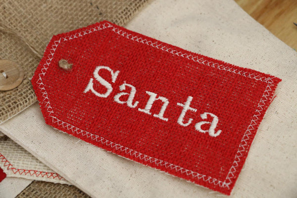 Red Burlap Embroidered Burlap Stocking Tag