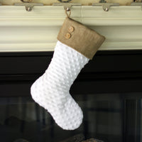 White Minky Christmas Stocking with Burlap Cuff