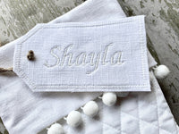 White Linen Embroidered Stocking Tag