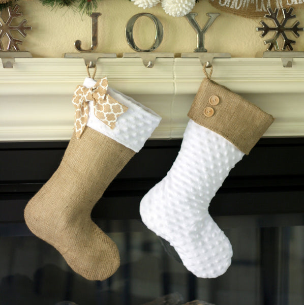 White Minky and Burlap Christmas Stocking Set