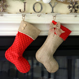 Red Minky Christmas Stocking with Burlap Cuff
