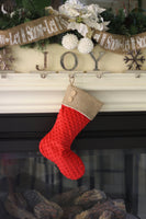 Red Minky and Burlap Christmas Stockings Set